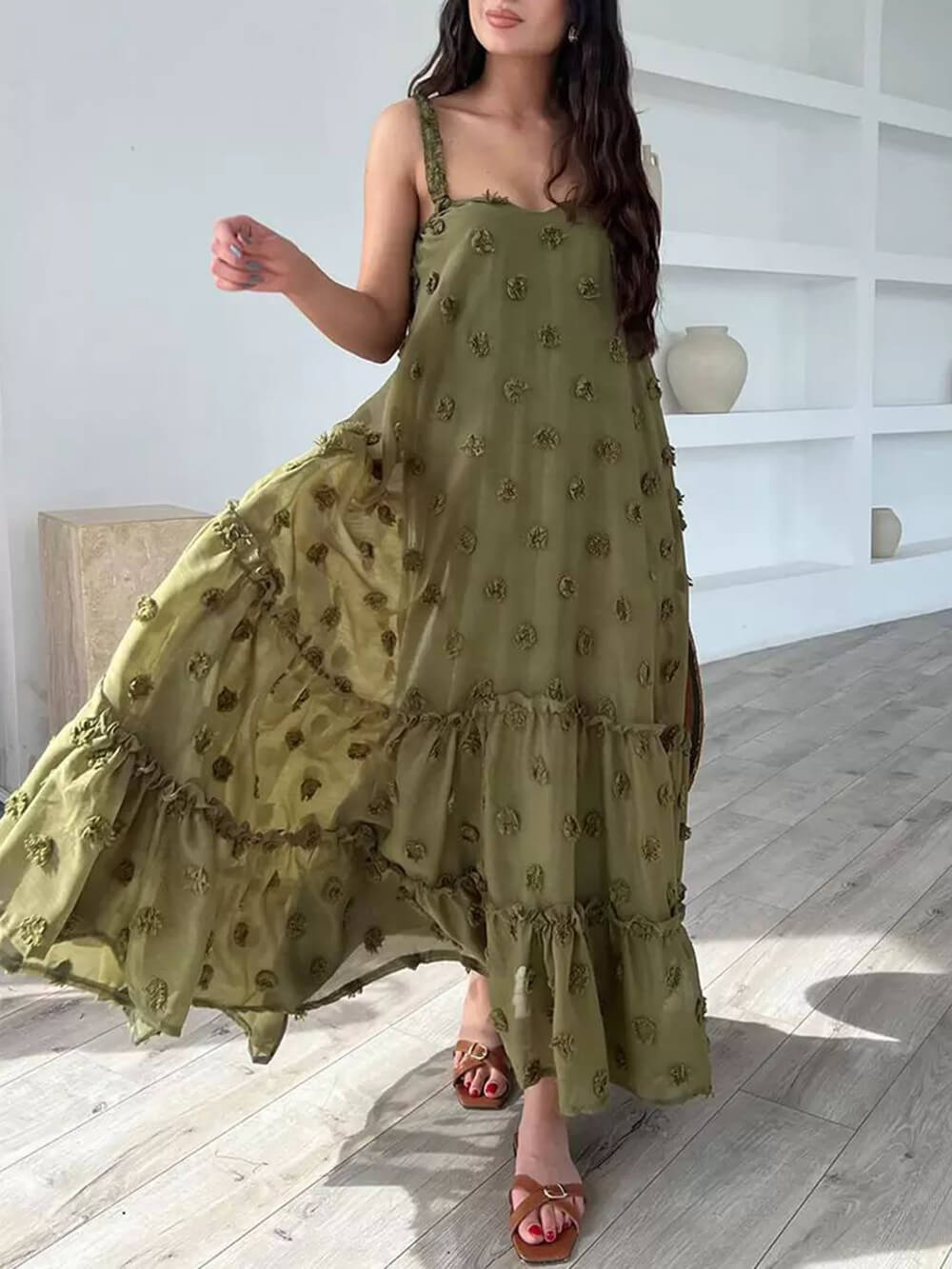 Flower Decor Pretty A-Line Layered Loose Maxi Dress