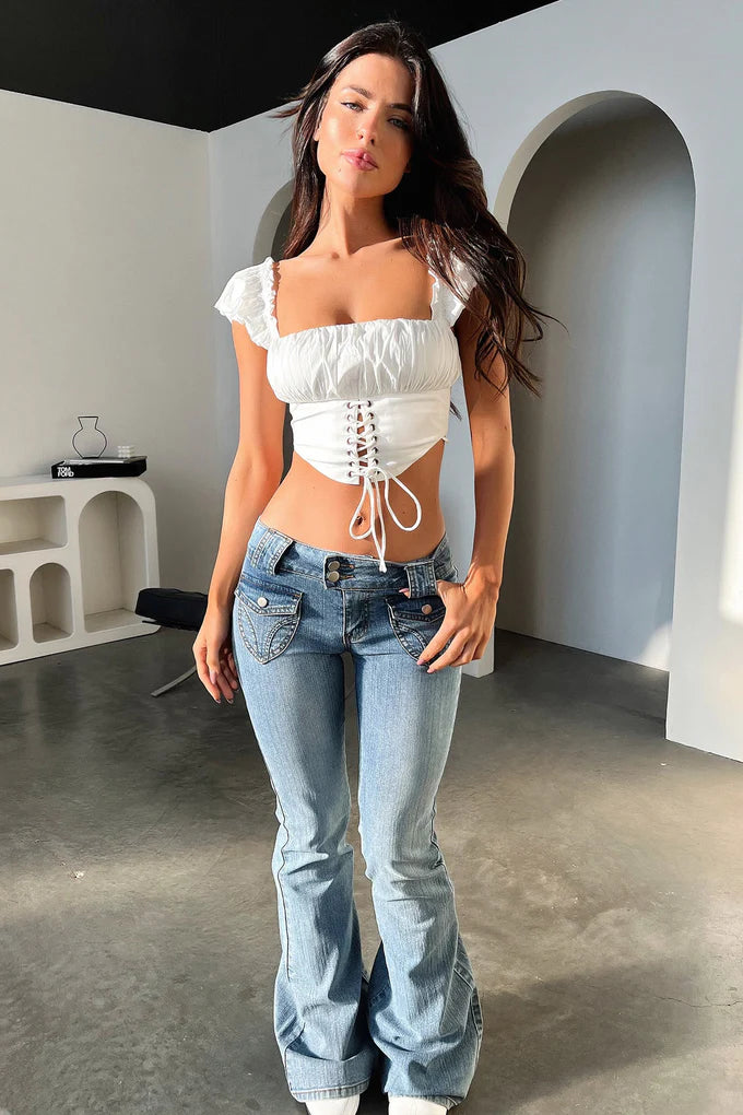 Bardot Low Rise Flare Jeans — Light Wash